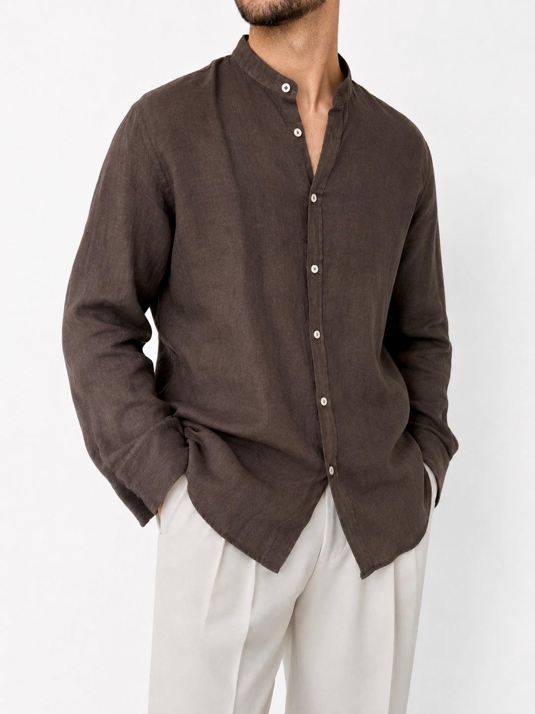 Camicia Coreana Marrone In Lino