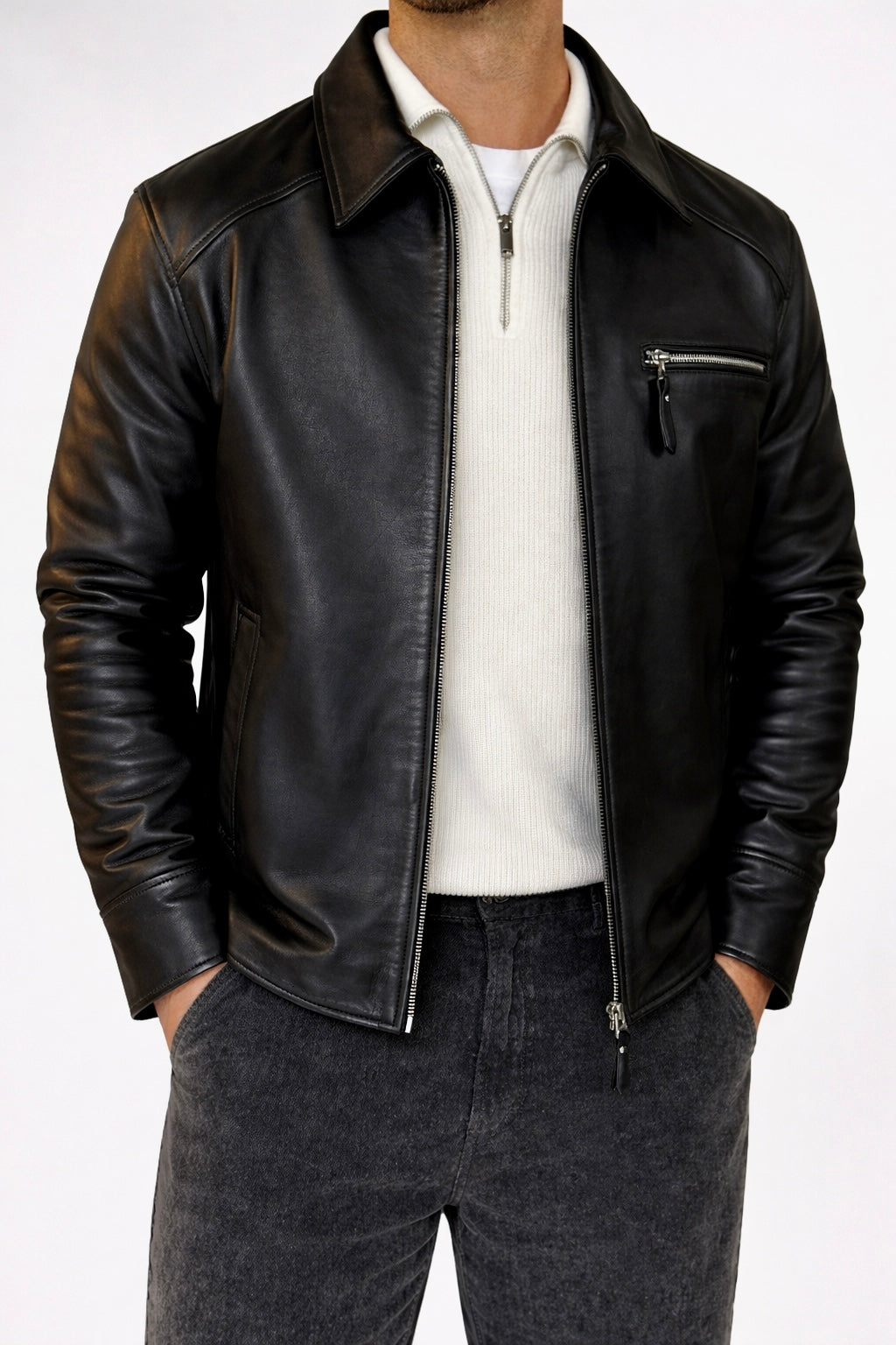 Field jacket in pelle nero
