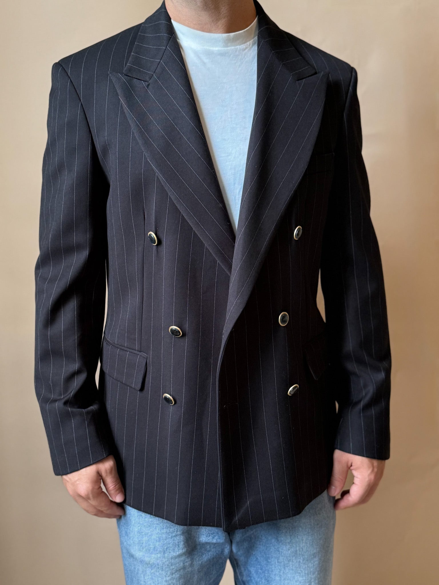 Giacca Doppio Petto Gessato Nera Marsem